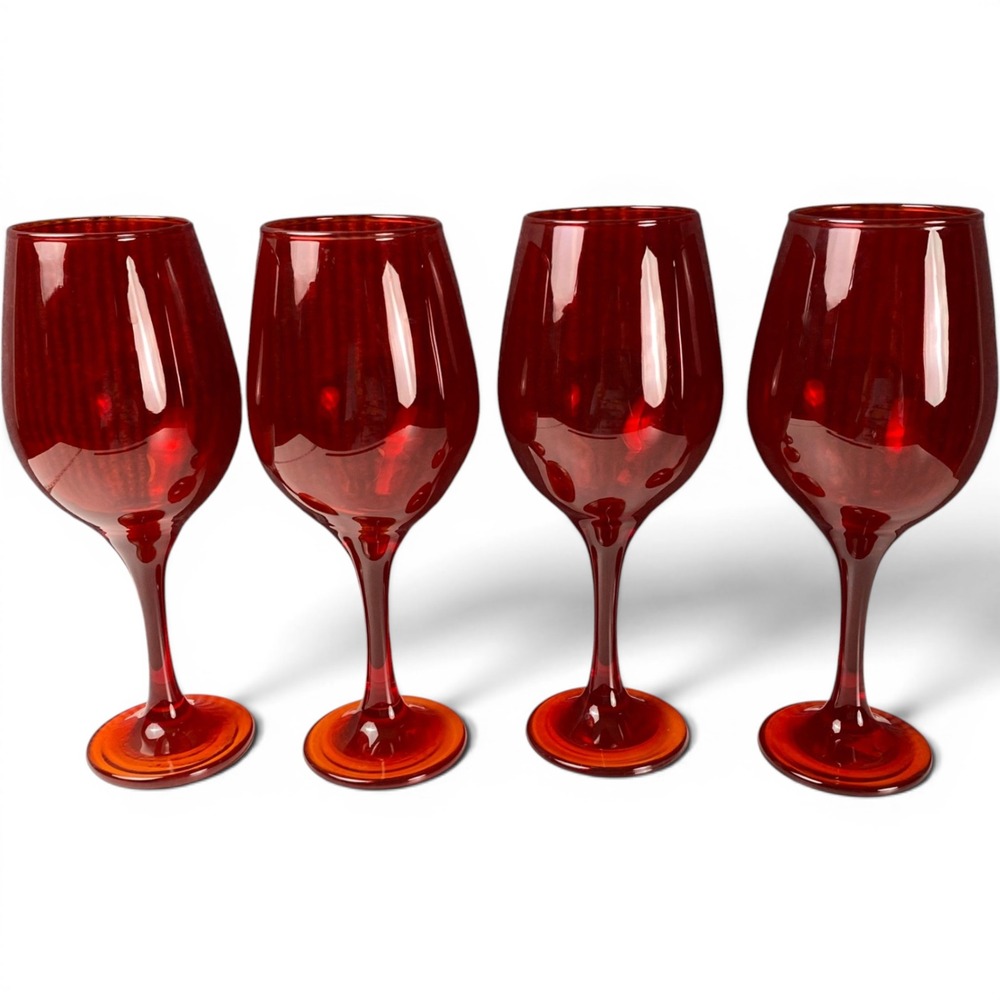Ruby Red Wine Glasses Set of 4 Stemmed Tulip Shape Crimson Glassware 8.75 inch